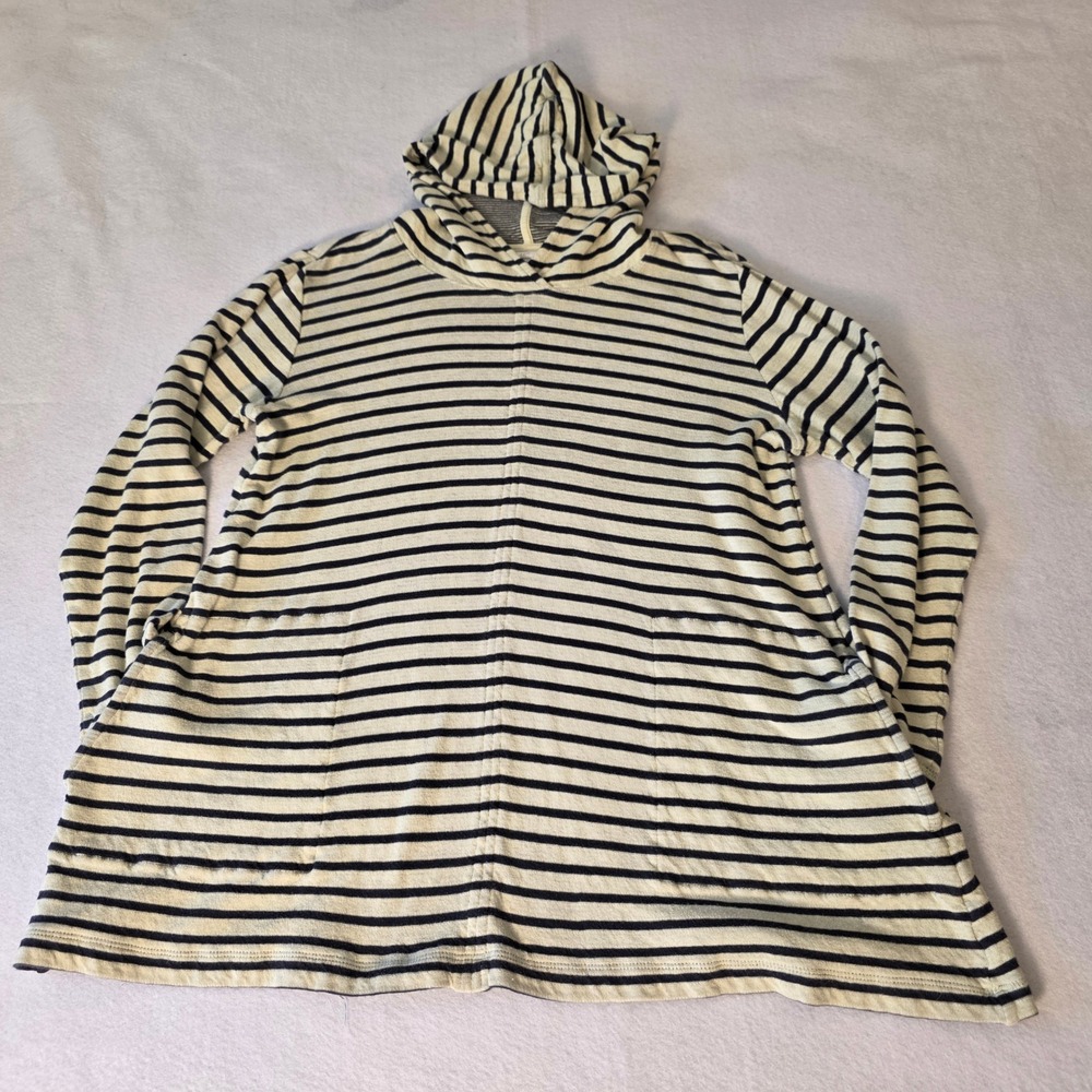 J. Jill Womens Small Striped Cotton Hoodie Navy Cream A-Line Pullover Pockets